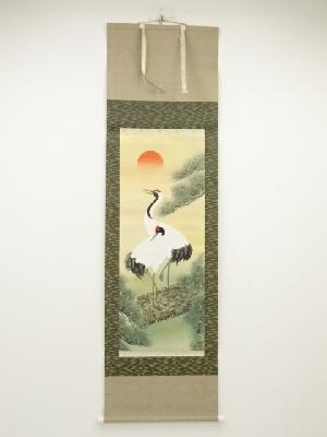 青峰筆　松上双鶴　肉筆絹本掛軸